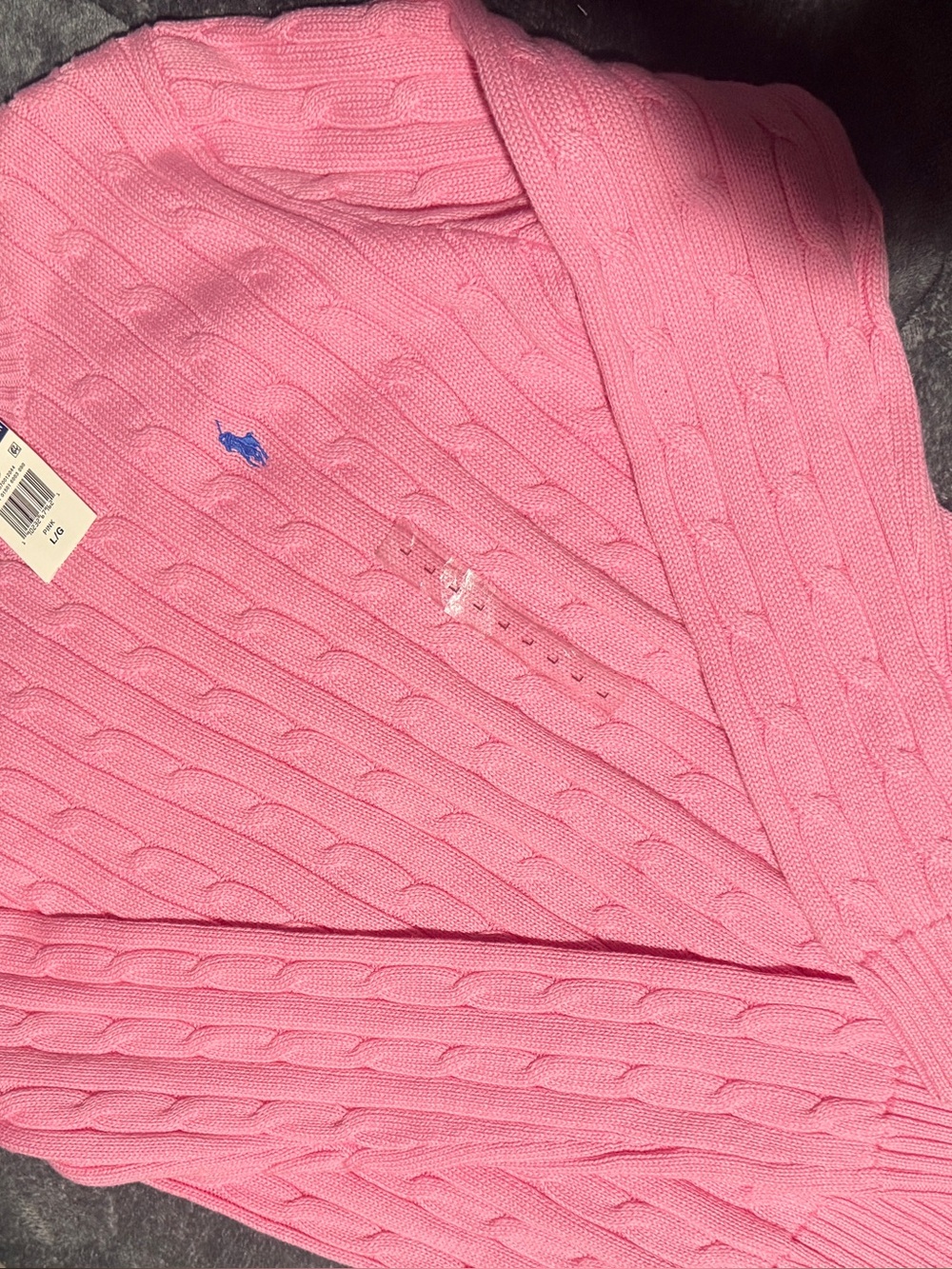 Ralph Lauren Pink Cable-Knit Cotton Cardigan with Blue Pony